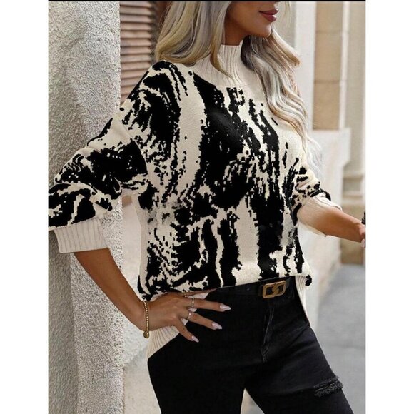 Chic Colorblock High Neck  Drop Shoulder Pullovers - Picture 4 of 6